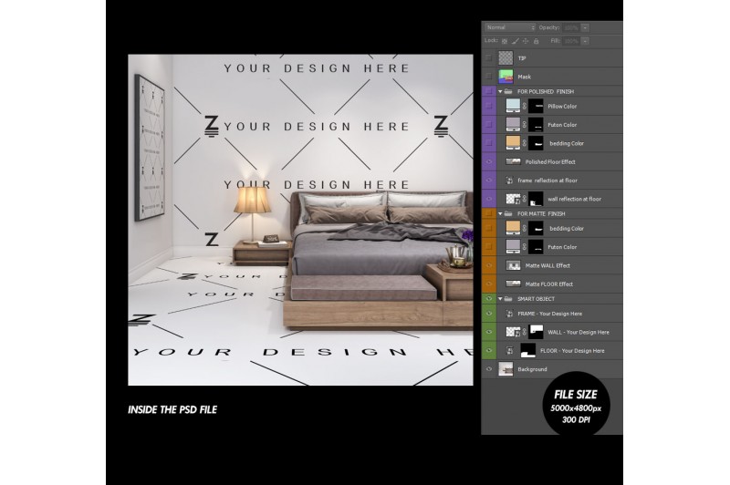 Mockup de Dormitorio para cambiar la superficie de la pared y suelo