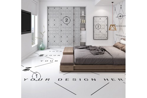 Mockup de Quarto para trocar a superfície do chão, parede, porta armário e quadro