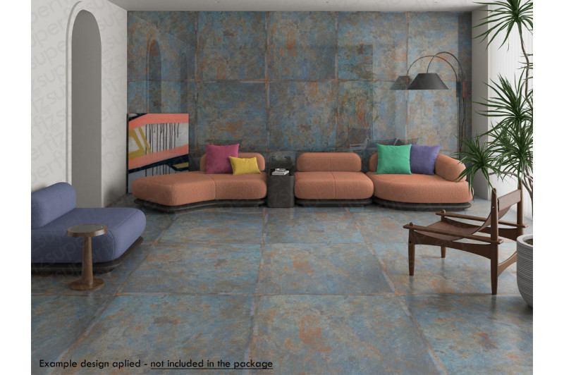 Living room template with cutouts for applying tiles