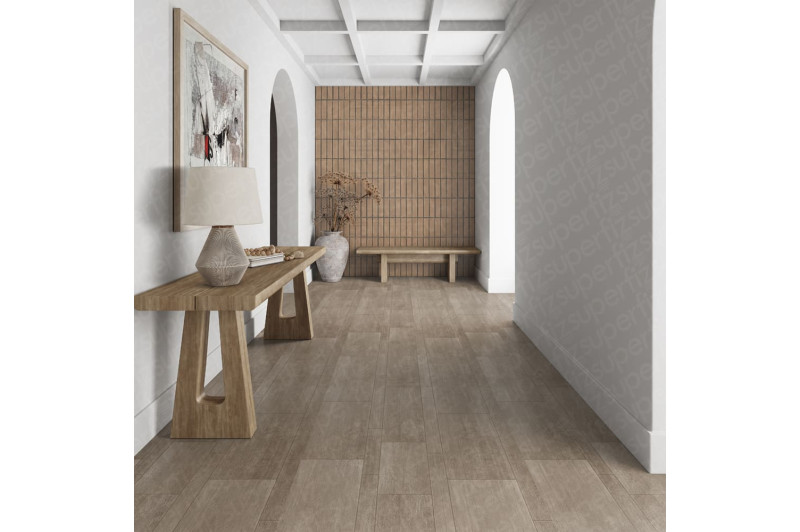 Maqueta de hall de entrada con piso de madera y pared de azulejos, totalmente personalizable para proyectos de diseño.