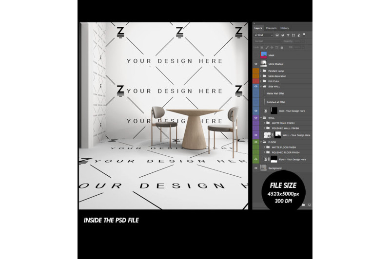 Fully editable PSD files with smart objects for floor and wall
