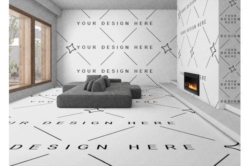 Visualización de sala de estar con chimenea con suelo y pared editables