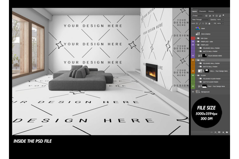 Template de sala de estar para apresentar o design de pisos e paredes