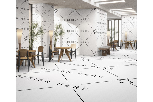 Mockup PSD de café moderno con paredes y suelo personalizables en alta resolución.