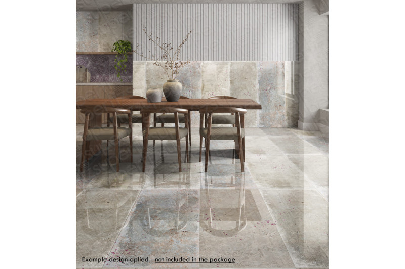 Escena de comedor con suelo y pared blanca.