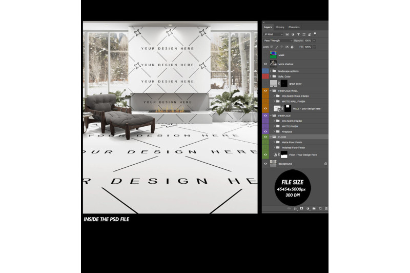 PSD mockup with editable wall and floor – modern fireplace scene