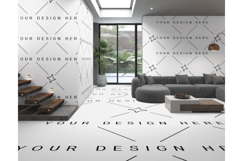 Premium living room mockup with editable floor and wall smart objects – high-resolution PSD for realistic material presentation.