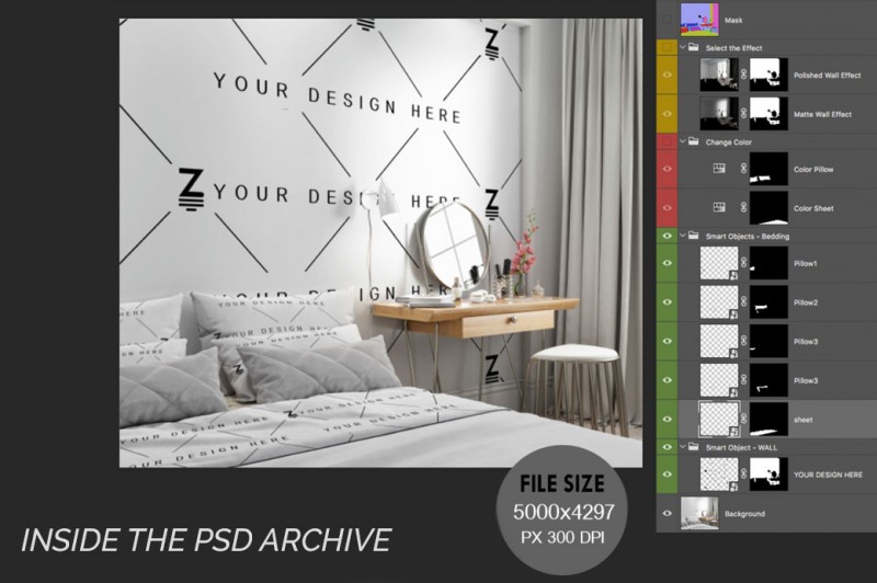 Mockup de Dormitorio para cambiar la superficie de la pared