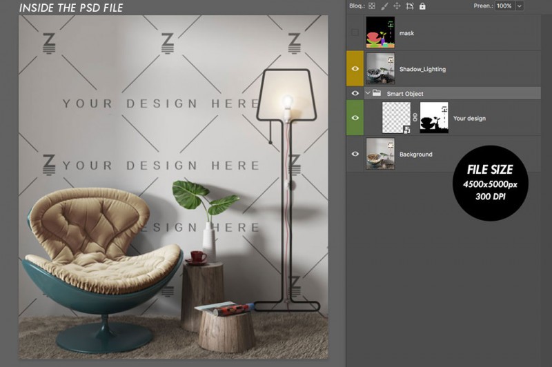 Mockup de Sala de Estar para cambiar la superficie de la pared