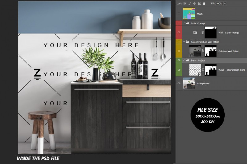Mockup de Cocina para cambiar la superficie de la pared