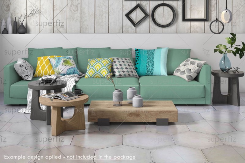 Mockup de Salón para cambiar la superficie del suelo, la pared y/o cojines